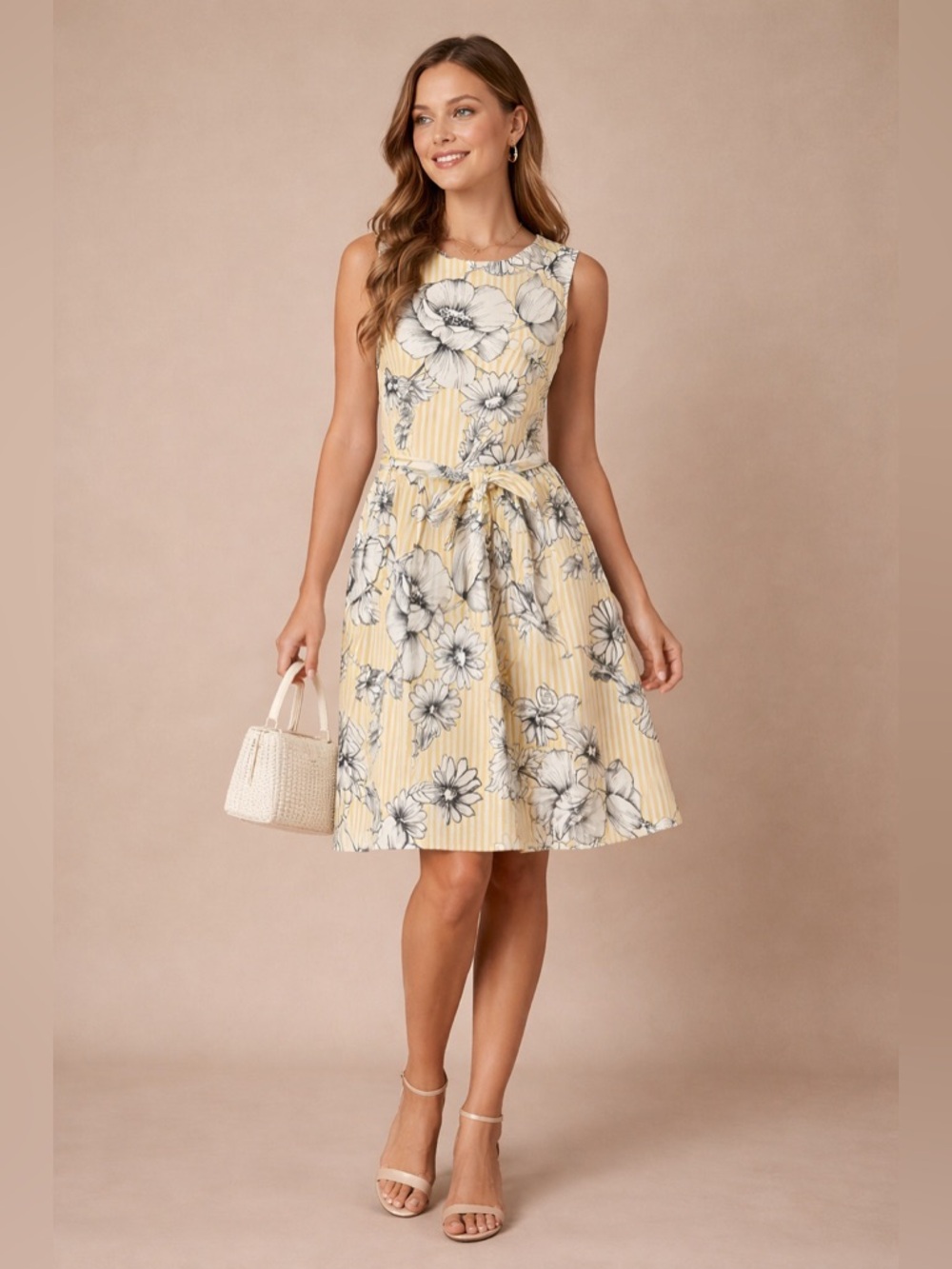 Anne Klein Floral Stripe Dress Yellow Cotton Fit Flare Belted Size 6 Spring